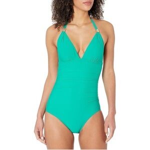 Calvin Klein Womens Shirred One Piece Halter Swimsuit Green 14 NWT